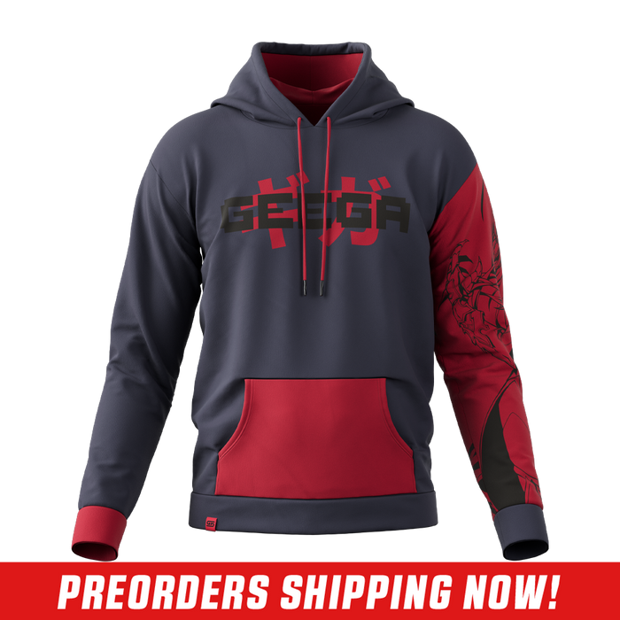 Close-up of a red and black anime-style character graphic on a black and red hoodie sleeve.