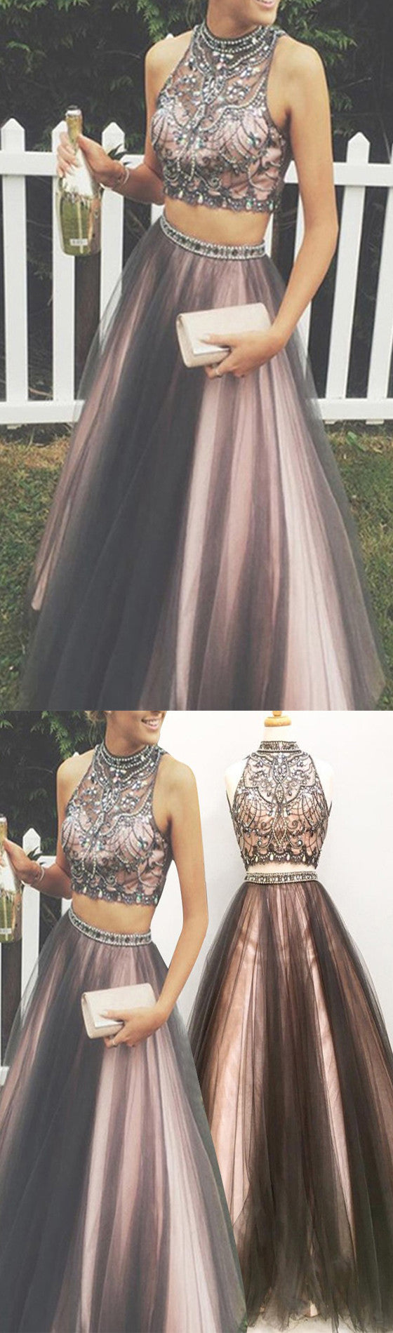 Glamorous Black Nude Beaded Rhinestone Two-Piece Prom Dress-High Neck Ball Gown, AB0080