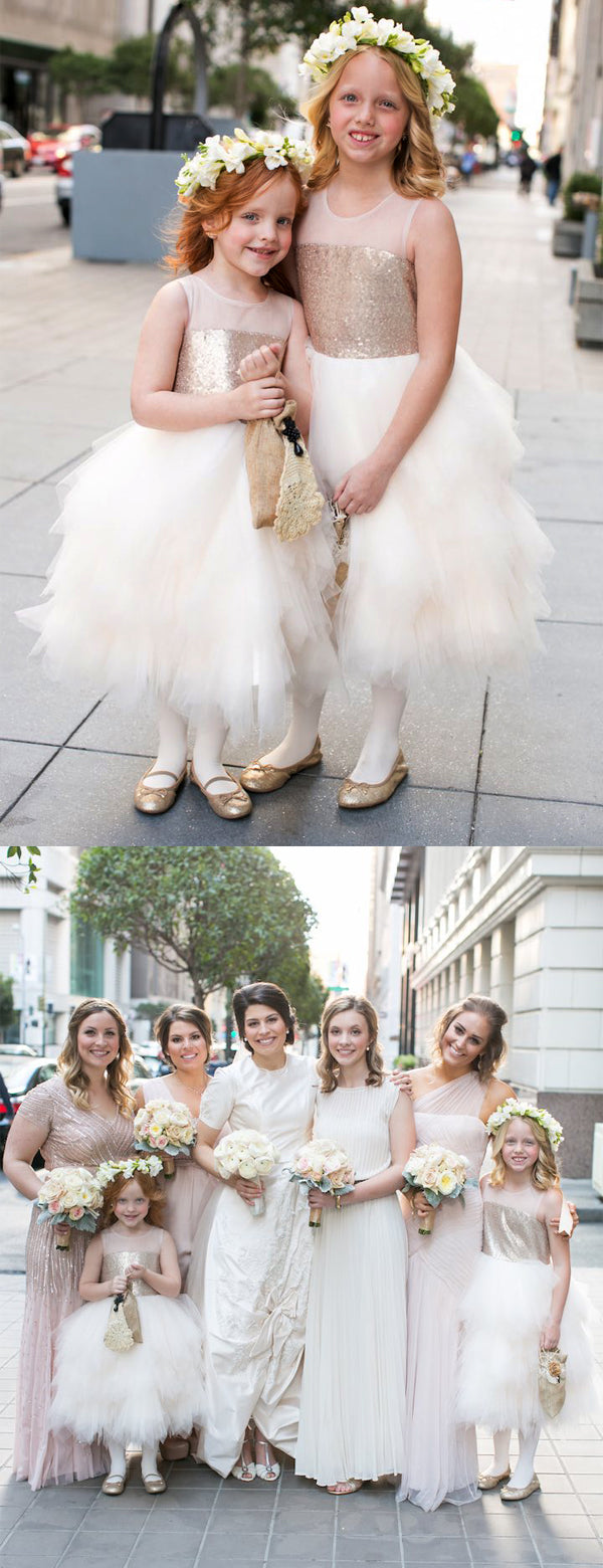 Gold Sequin Ivory Ruffles Tulle Cute Flower Girl Dresses, FGS112