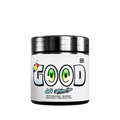 White supplement container with black lid showing detailed supplement facts and usage instructions on the label.