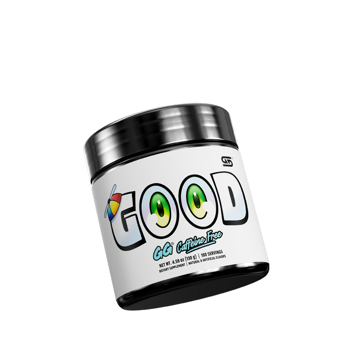 front of GOOD 100 serving caffeine free tub tilted left showing bottom of tub