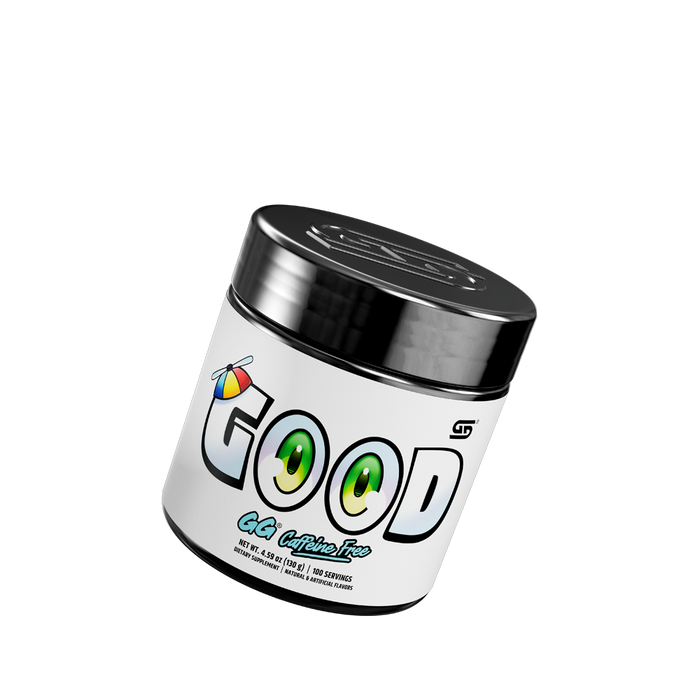 front of GOOD 100 serving caffeine free tub tilted right showing Gamer Supps logo on top of lid