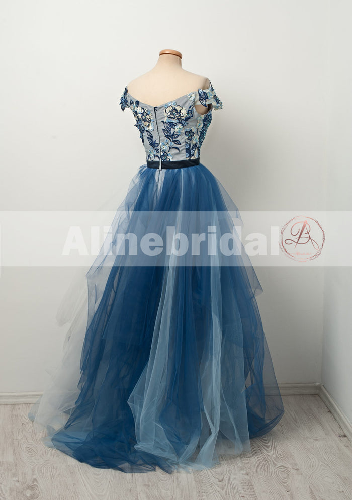 Gorgeous Blue Floral Lace Off Shoulder A-line Evening Gown, Formal Dress, PD00106