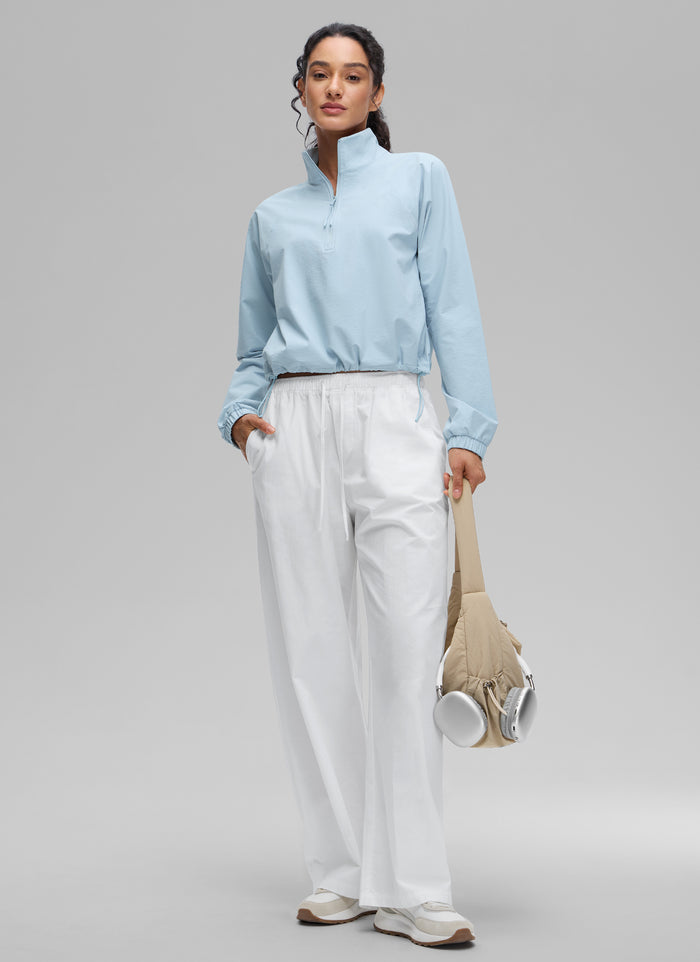 CRZ YOGA Women's Casual Half-Zip Waist Length Pocket Long Sleeves Blue Linen