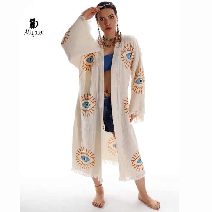 Handmade Organic Cotton Kimono Robe - Beige Evil Eye (Natural)