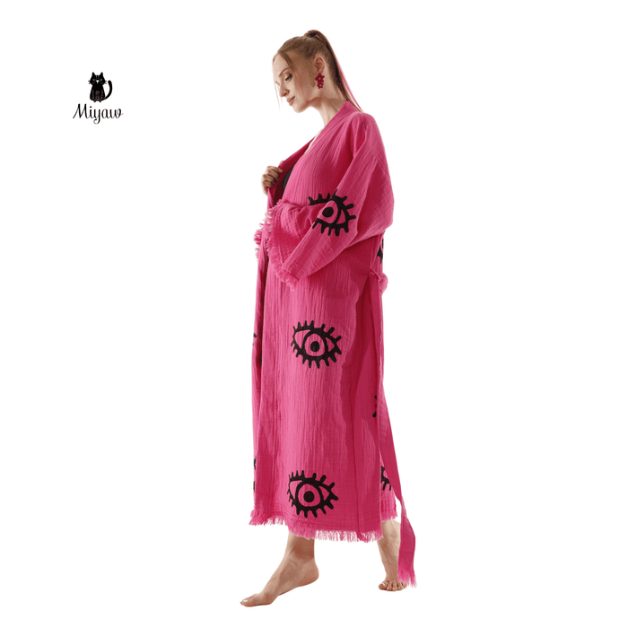Handmade Organic Cotton Kimono Robe - Pink Evil Eye