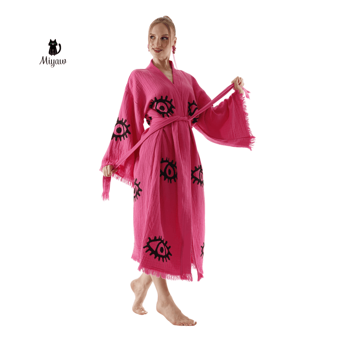 Handmade Organic Cotton Kimono Robe - Pink Evil Eye