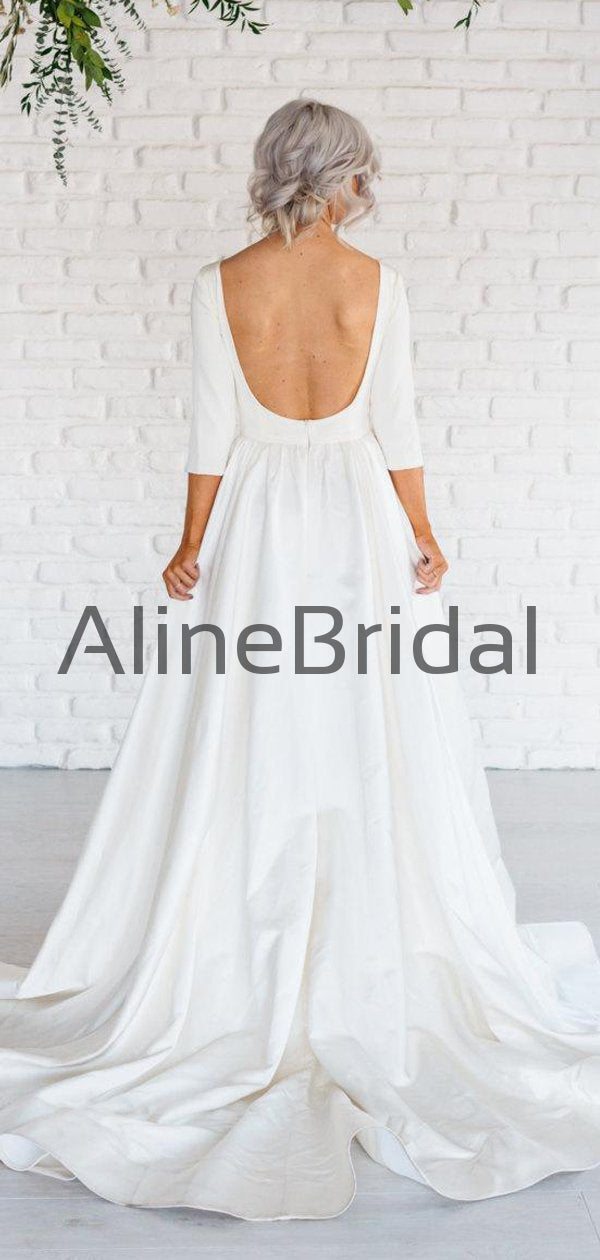 Ivory Satin Long Sleeve Bateau Open Back A-line Wedding Dresses, AB1548