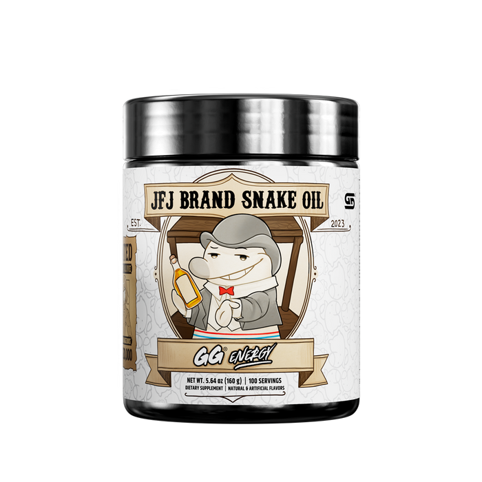 Black jar with silver lid showing detailed supplement facts and usage instructions in black text on a white label.