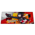 Anime woman in red bikini top aiming two guns on a bright orange and black splatter background mouse pad.