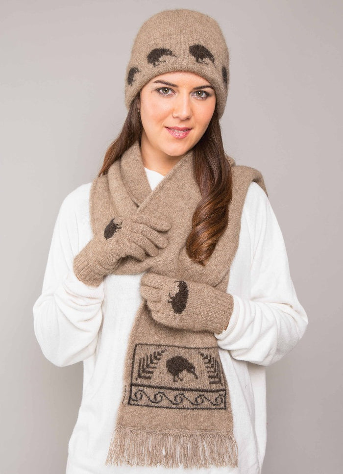 Possum and Merino  KO129 Kiwi Scarf - A double thickness scarf.  A uniquely New Zealand design on a uniquely New  Zealand product.  Make a set with KO162 Kiwi Beanie and KO52 Kiwi Gloves.  One Size - Approx. 19cm wide x 152cm long.  Made proudly in New Zealand from a premium blend of 40% possum fur, 50% merino lambswool & 10% mulberry silk.