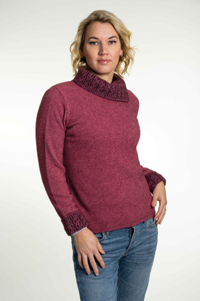 Possum and Merino  KO471 Two Tone Jumper - A stylish jumper with two ton cable collar and cuffs.  This garment has shaped side seams for a flattering fit.   Made proudly in New Zealand from a premium blend of 40% possum fur, 50% merino lambswool & 10% mulberry silk.