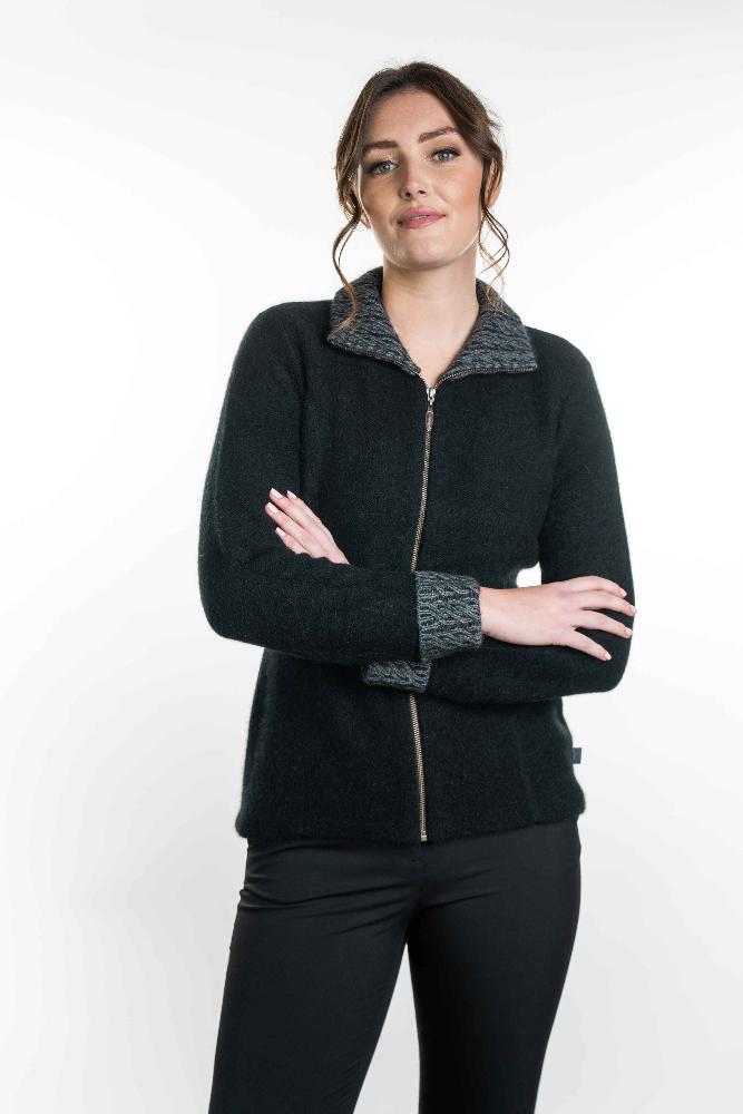 Possum and Merino  KO476 Two-Tone Trim Jacket - This stylish and versatile jacket features a two tone trim on the collar and cuffs.  Side seam shaping and coverseam detailing creates a streamlined look.   Made proudly in New Zealand from a premium blend of 40% possum fur, 50% merino lambswool & 10% mulberry silk.