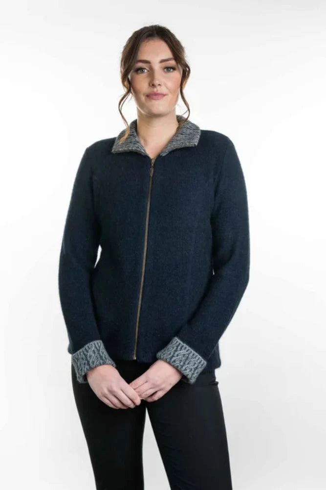 Possum and Merino  KO476 Two-Tone Trim Jacket - This stylish and versatile jacket features a two tone trim on the collar and cuffs.  Side seam shaping and coverseam detailing creates a streamlined look.   Made proudly in New Zealand from a premium blend of 40% possum fur, 50% merino lambswool & 10% mulberry silk.