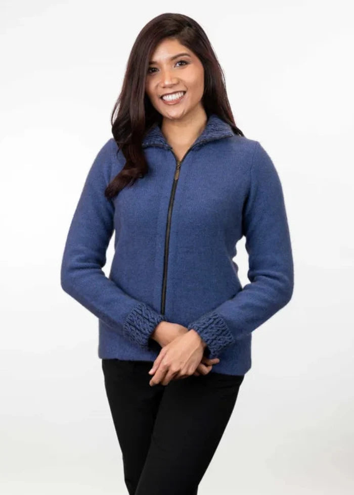 Possum and Merino  KO476 Two-Tone Trim Jacket - This stylish and versatile jacket features a two tone trim on the collar and cuffs.  Side seam shaping and coverseam detailing creates a streamlined look.   Made proudly in New Zealand from a premium blend of 40% possum fur, 50% merino lambswool & 10% mulberry silk.