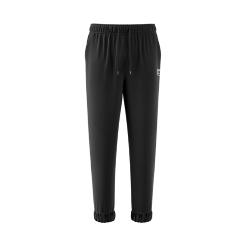 Black joggers with elastic waistband, drawstrings, cuffed ankles, and a small white logo on the right thigh.