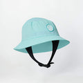Light blue bucket hat with black chin strap on a light gray background