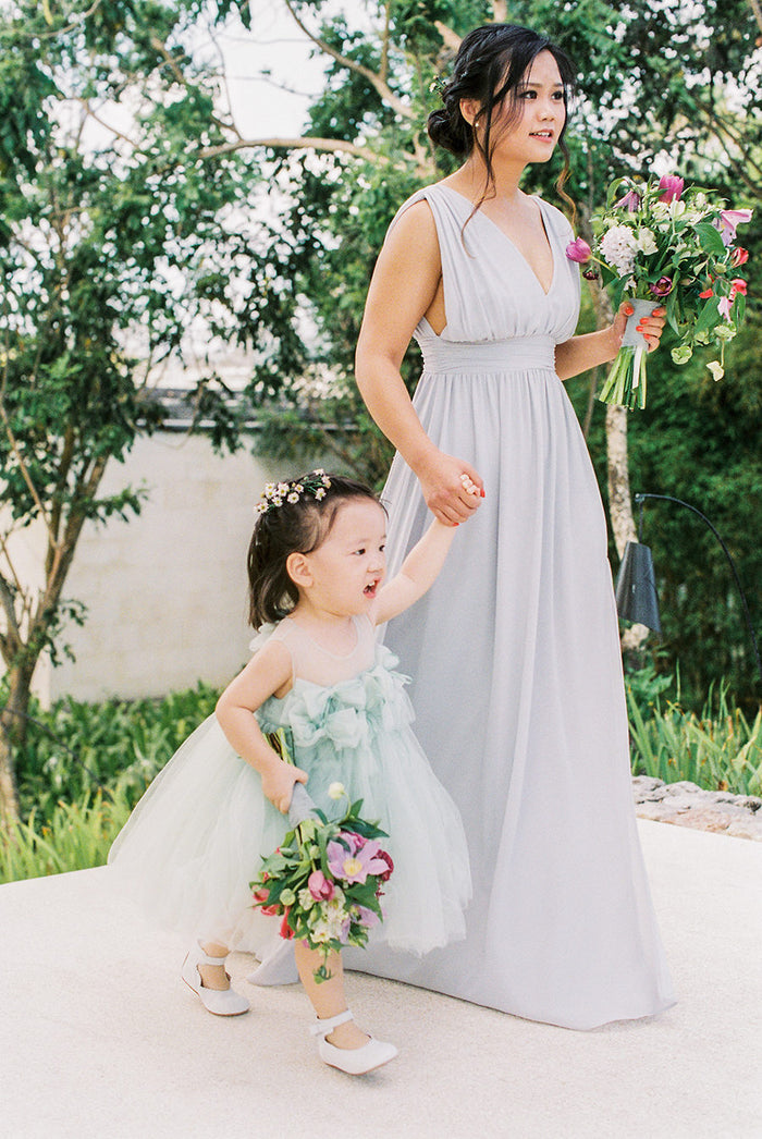 Mint Green Tulle Round Neck With Bow Appliques Cute Flower Girl Dresses, FGS105