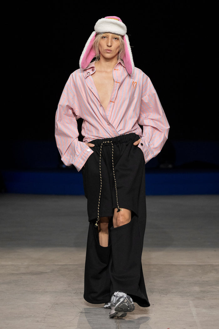 MANCANDY Monday Shirt in pink striped cotton featuring an oversized fit and orange Bladed Heart embroidery on the chest.