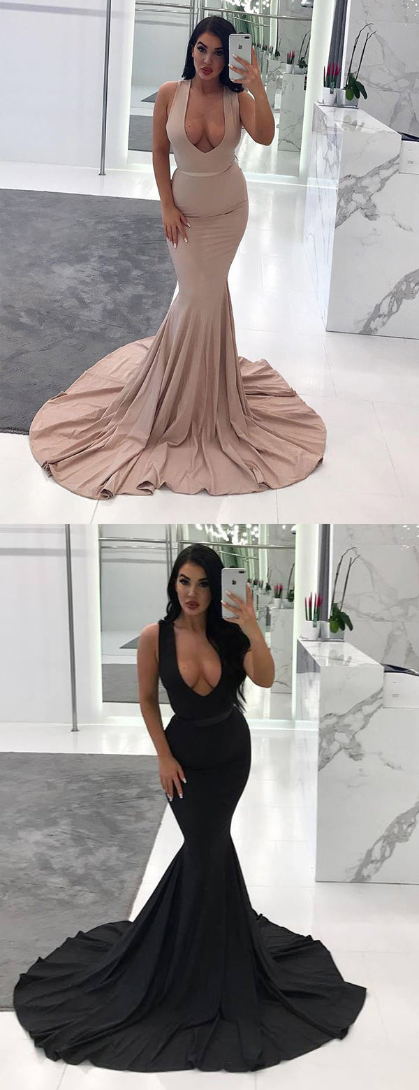 Nude Jersey Deep Scoop Neck Mermaid Train Formal Prom Dresses,PD00349