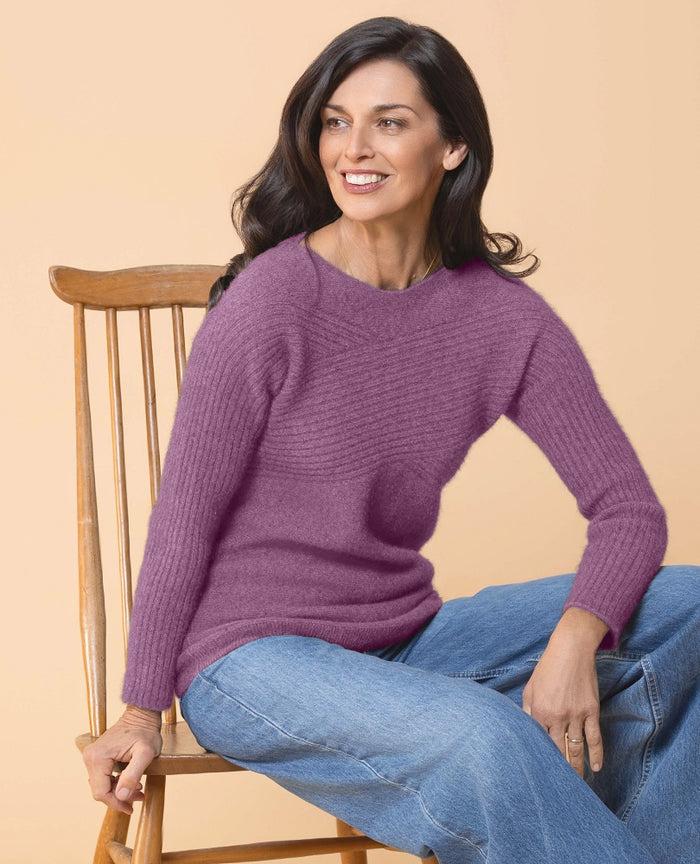 Possum and Merino  NW3108 Crossover Crew Fashion fitted style, relaxed wide neck with crossover rib detail on body and sleeves. WholeGarment seamless construction. Composition - 40% Possum Fur, 53% Merino, 7% Silk