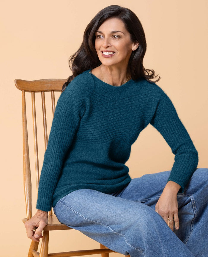 Possum and Merino  NW3108 Crossover Crew Fashion fitted style, relaxed wide neck with crossover rib detail on body and sleeves. WholeGarment seamless construction. Composition - 40% Possum Fur, 53% Merino, 7% Silk
