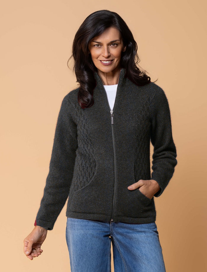 Possum and Merino  NW3149 Honeycomb Jacket - A new twist on the Market Day Jacket, with introduction of the Honeycomb inset side panels.  Composition - 40% Possum Fur, 53% Merino, 7% Silk
