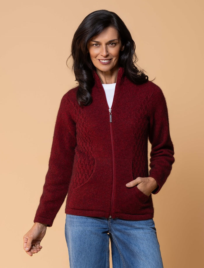 Possum and Merino  NW3149 Honeycomb Jacket - A new twist on the Market Day Jacket, with introduction of the Honeycomb inset side panels.  Composition - 40% Possum Fur, 53% Merino, 7% Silk