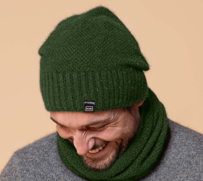 Possum and Merino  NW5073 Moss Baggie Beanie - UNISEX Fashion baggie beanie in plain knit with rib turn up.  Composition - 40% Possum Fur, 53% Merino, 7% Silk  One size