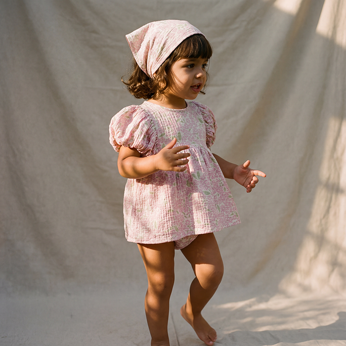 Petit Playa Organic Cotton Amie Bandana in Peony print, breathable organic cotton accessory for babies and girls — image 2
