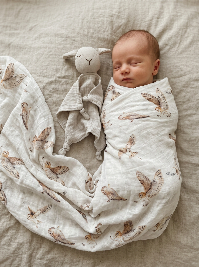 Organic Cotton Barnyard Owls Muslin Swaddle Wrap | Newborn Essential