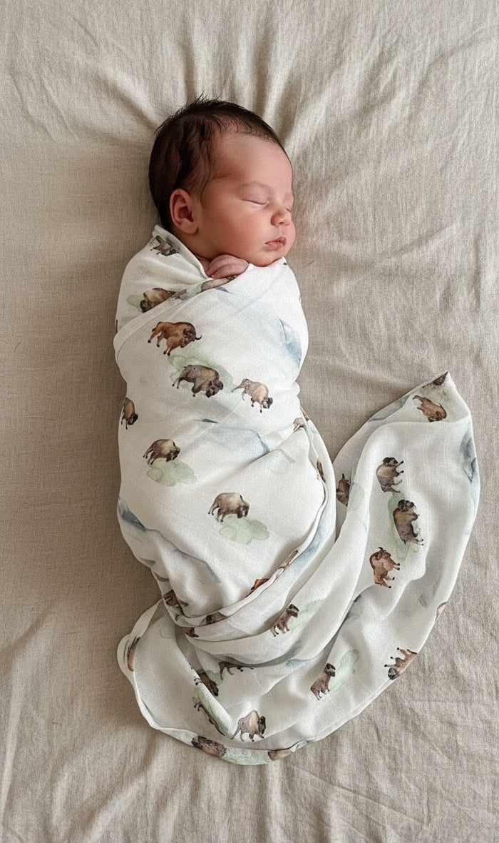 Bison print organic muslin swaddle wrap for newborns