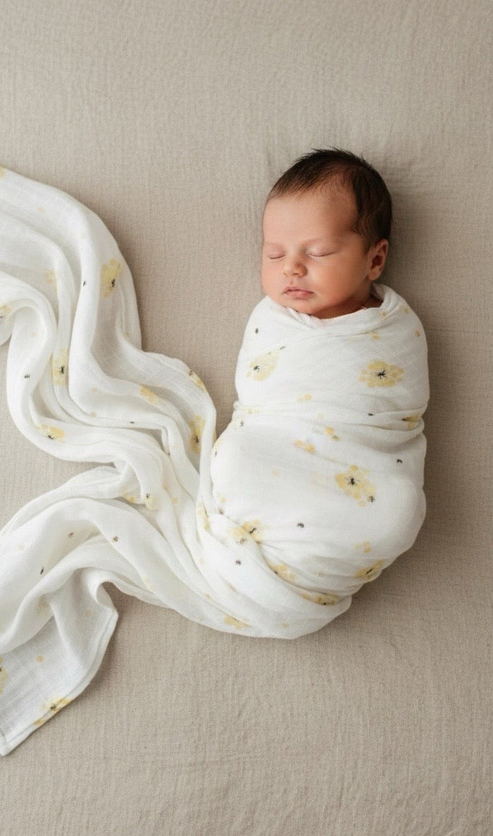 Honey Bees organic muslin swaddle wrap for newborns