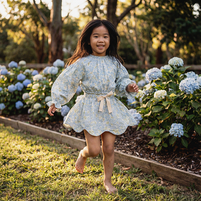 Petit Playa Organic Cotton Petal Skort in Hydrangea print, breathable organic cotton clothing for babies and girls