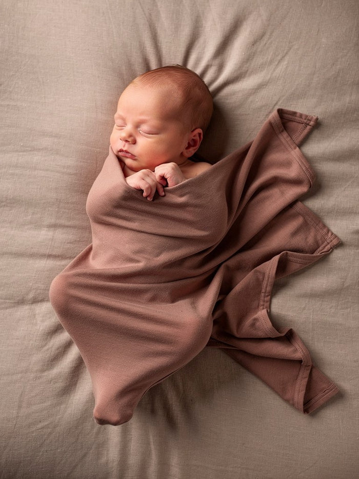 Organic jersey swaddle and beanie set in Chocolate, a gentle newborn essential designed for softness and calm.