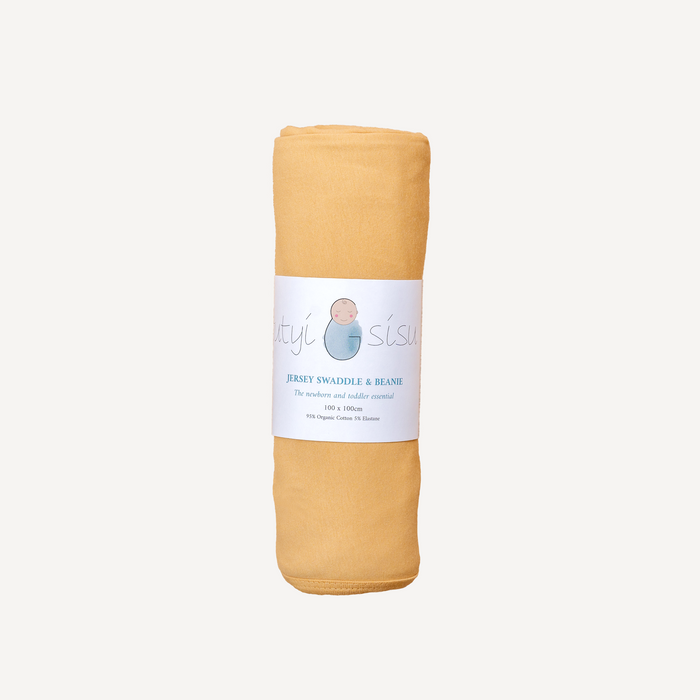 Organic jersey swaddle and beanie set in turmeric for newborns