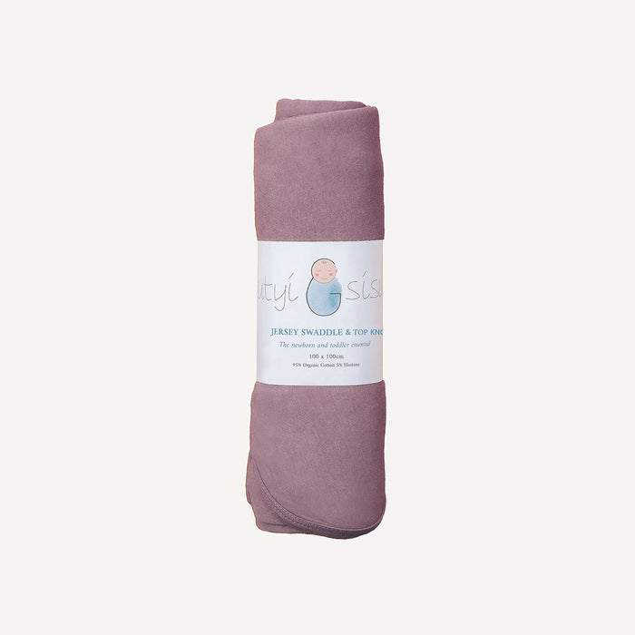 Organic jersey swaddle and topknot set in amethyst for newborns