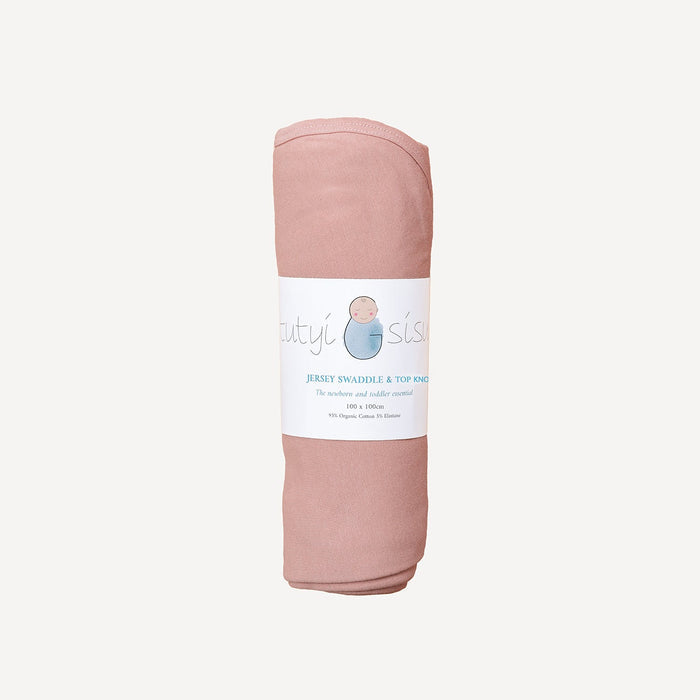 Organic jersey swaddle and topknot set in rose quartz for newborns