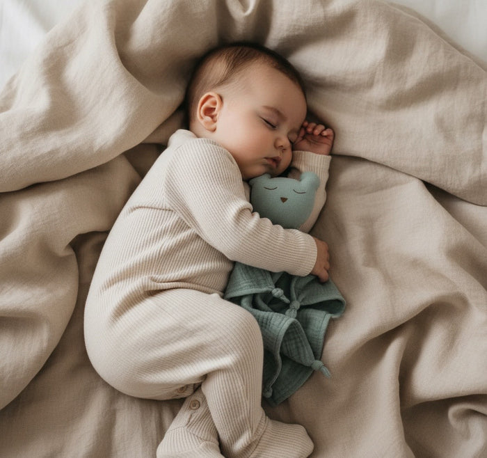 Baby sleeping with a soft green muslin baby comforter plush toy on beige blankets