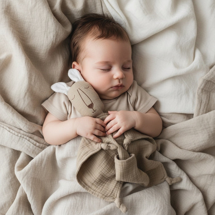 Baby sleeping with a organic muslin kangaroo comforter soft toy wrapped in beige blankets
