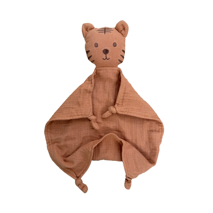 Organic muslin tiger baby comforter in caramel made from soft organic cotton