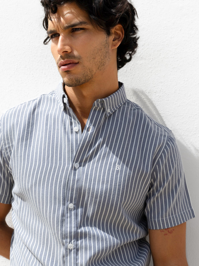 Oskar Short Sleeve Stripe Shirt - Navy