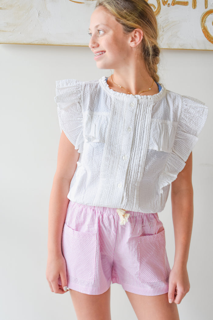 Patch Pocket Shorts-Pink Sparkle Seersucker