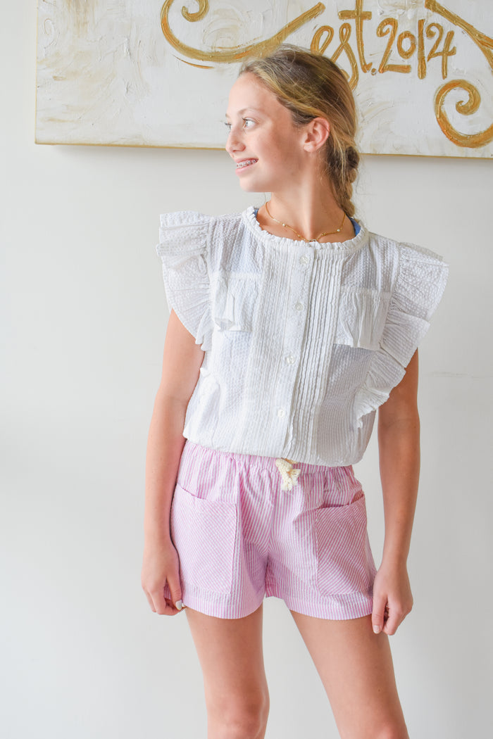 Patch Pocket Shorts-Pink Sparkle Seersucker