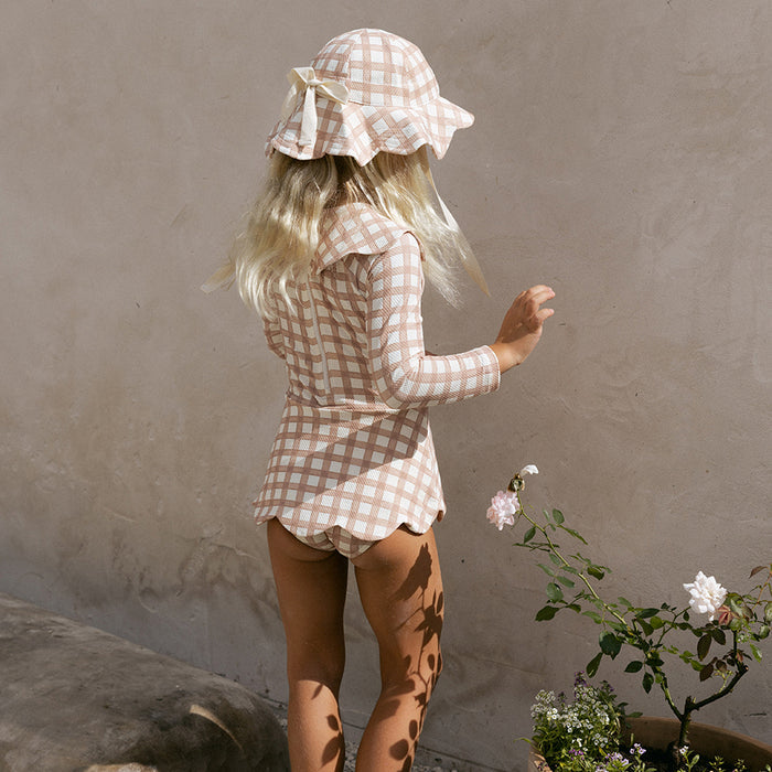 Petit Playa Petal Long Sleeve Swim Dress in Gingham print, sun-safe UPF50+ swimwear for babies and girls