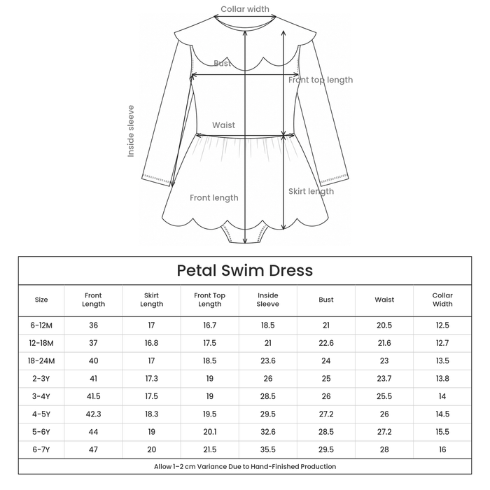Petal Swim Dress size guide - measurements by size