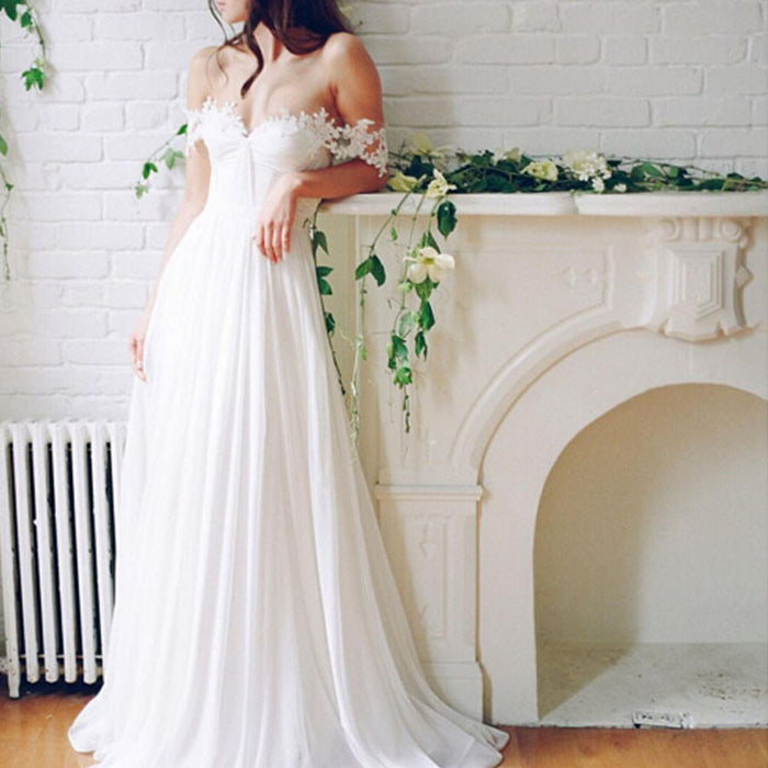 Popular Off Shoulder Long A-line White Chiffon Sexy Lace Wedding Dresses, WD0138