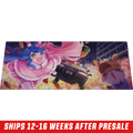 Mouse pad featuring a colorful anime girl with blue and pink hair wearing a pink fur-trimmed outfit on a wooden desk.