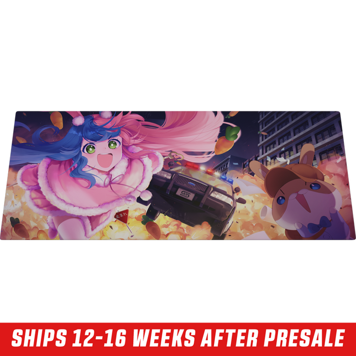 Mouse pad featuring a colorful anime girl with blue and pink hair wearing a pink fur-trimmed outfit on a wooden desk.