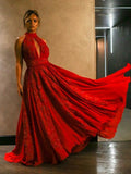 Red Lace Applique High Neck Halter A-line Prom Dresses,PD00330